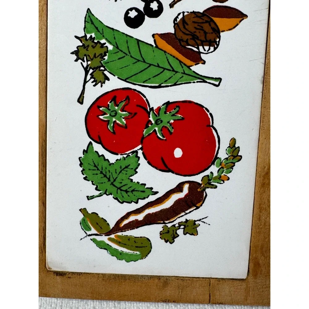 Vintage Nevco Wood Cheese Board Ceramic Tile Vegetable Inlay Japan 12.5 Inch